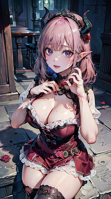 (masterpiece, Highest quality:1.3), (Very detailed:1.2), (hyperRealistic:1.3), (RAW Photos:1.2), High resolution raw color photos, Professional photos, (PhotoRealistic:1.4), (Realistic:1.4), (Pink Hair:1.5), Professional Lighting, Perfect Anatomy, (Big Breasts:1.3), (blush, Detailed face), (Bright smile:1.5), Trending Hair&Trending Hairカラーをランダムに, Earrings, necklace, bracelet, sexy, erotic sexy, ランダムでsexyなグラビアポーズ, いろいろなsexyポーズ、Random Pause、(Beautiful cosplayer in a red gothic ta dress、The mysterious smile of an old church、Black rose in hand。Lace headdress on head、She is wearing red boots。: 1.3)、Succubus、devil、It has two red horns on its head.、Has two horns on its head,Big horns