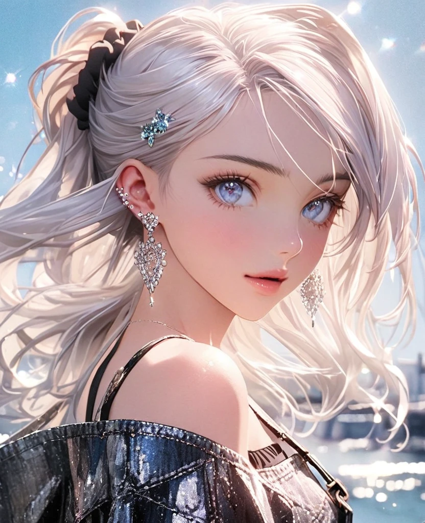 8K,gal，an extremely delicate and beautiful,Beautiful and realistic skin,Shiny jewel-like earrings,Shine like glitter long silver hair,beautiful eyes,Fashion Model,full body,overalls,hair scrunchie