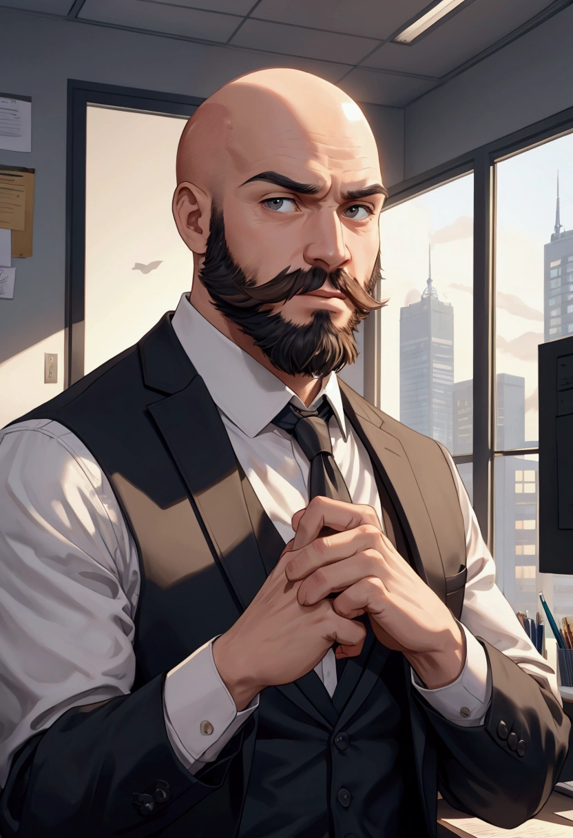 bald man in suit with beard in office