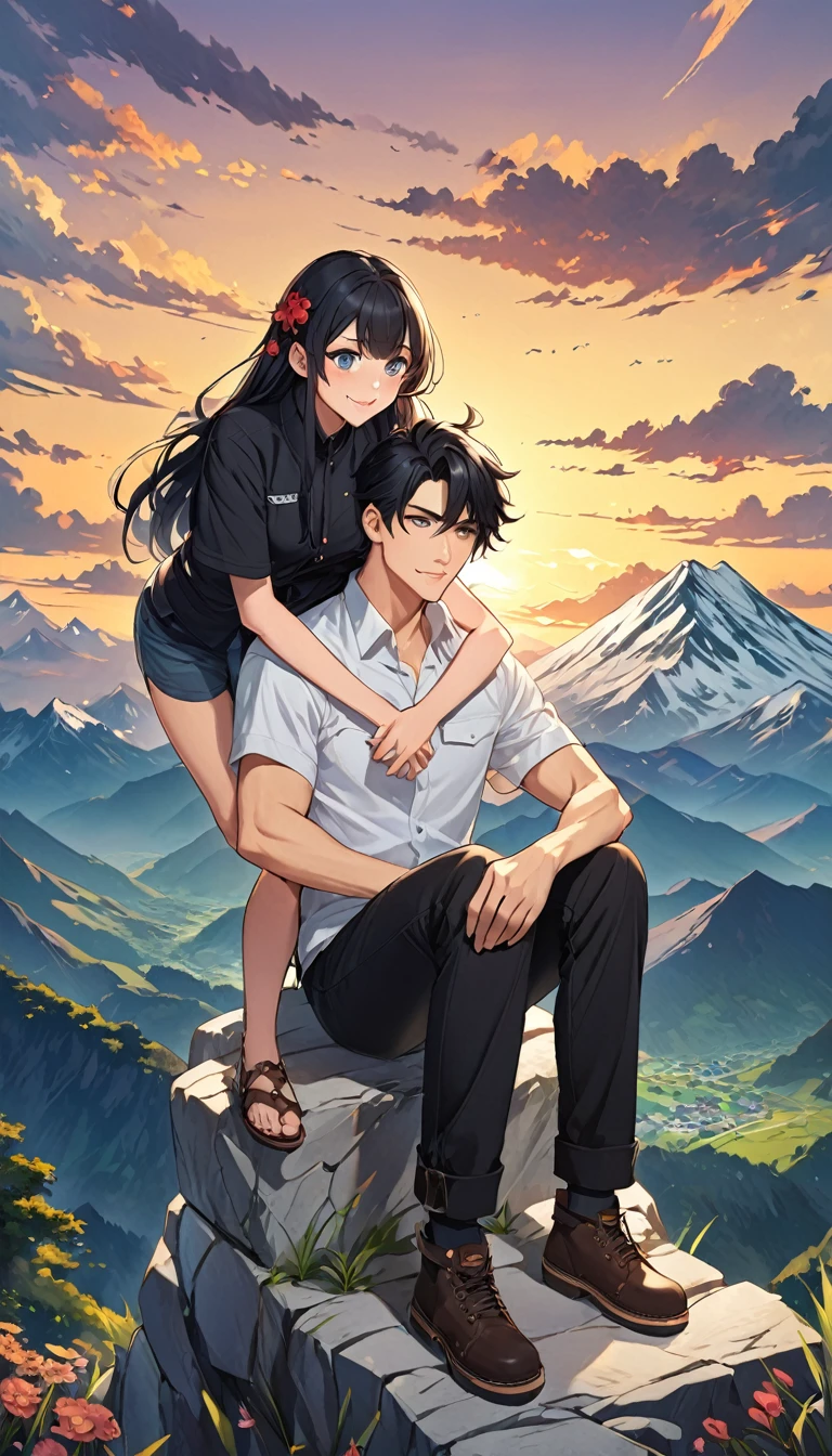 anime art with the word love underneath the woman sitting on her boyfriend's shoulder, 1girl, 1boy, black hair, mountain, pants