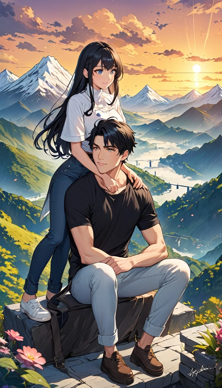 anime art with the word love underneath the woman sitting on her boyfriend's shoulder, 1girl, 1boy, black hair, mountain, pants