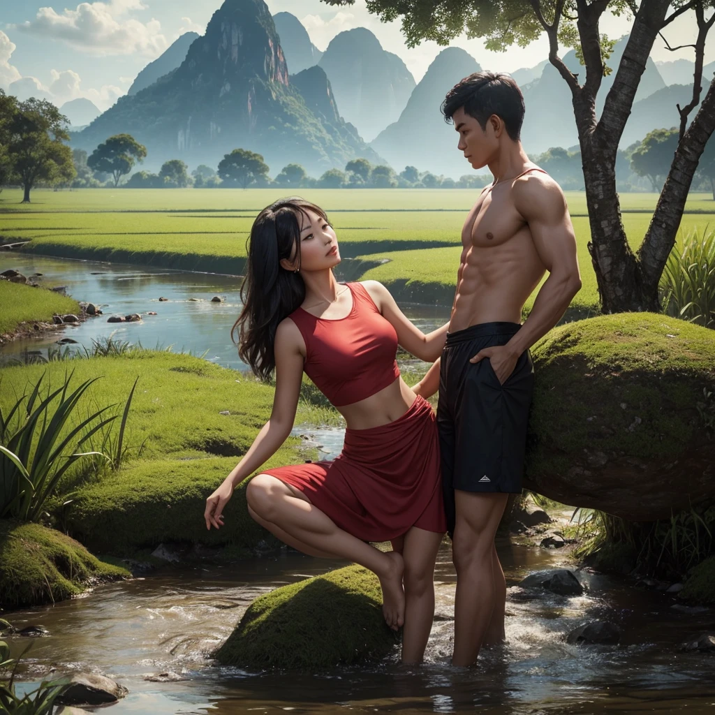 A Thai farmer couple is relaxing by a tree near a stream. The woman is wearing a red crop top. 3D illustration, soft colors, in the rainy season, it gives a calm and surreal feeling. The background has fields, mountains, light and shadows, high resolution, very realistic. She is in a doggy position while he grabs her waist so she can do a magic trick.