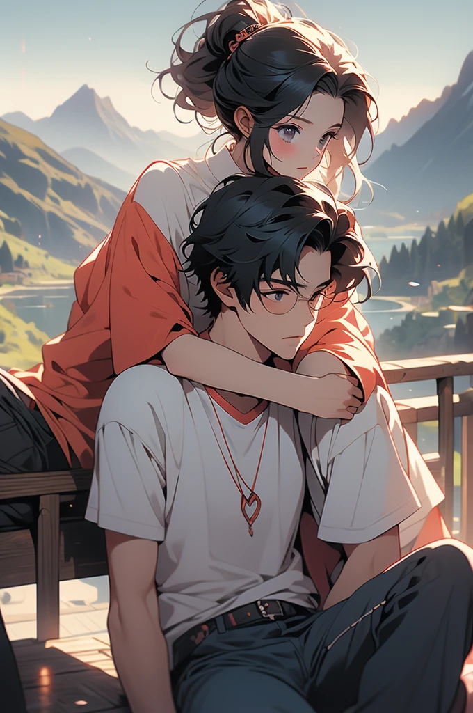 anime art with the word love underneath the woman sitting on her boyfriend's shoulder, 1girl, 1boy, black hair, mountain, pants