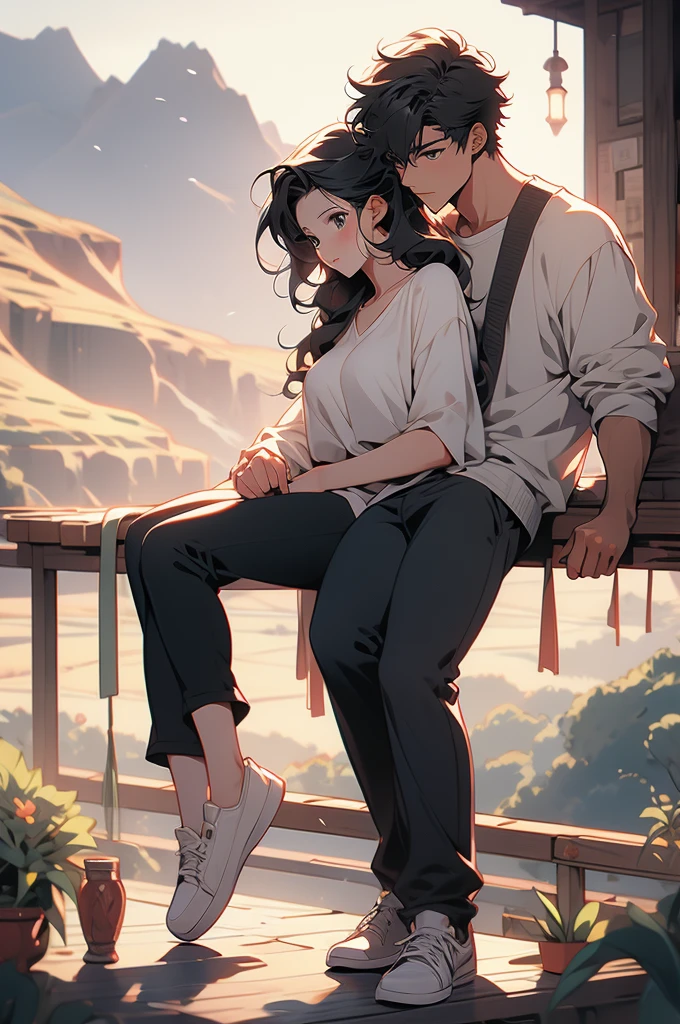 anime art with the word love underneath the woman sitting on her boyfriend's shoulder, 1girl, 1boy, black hair, mountain, pants