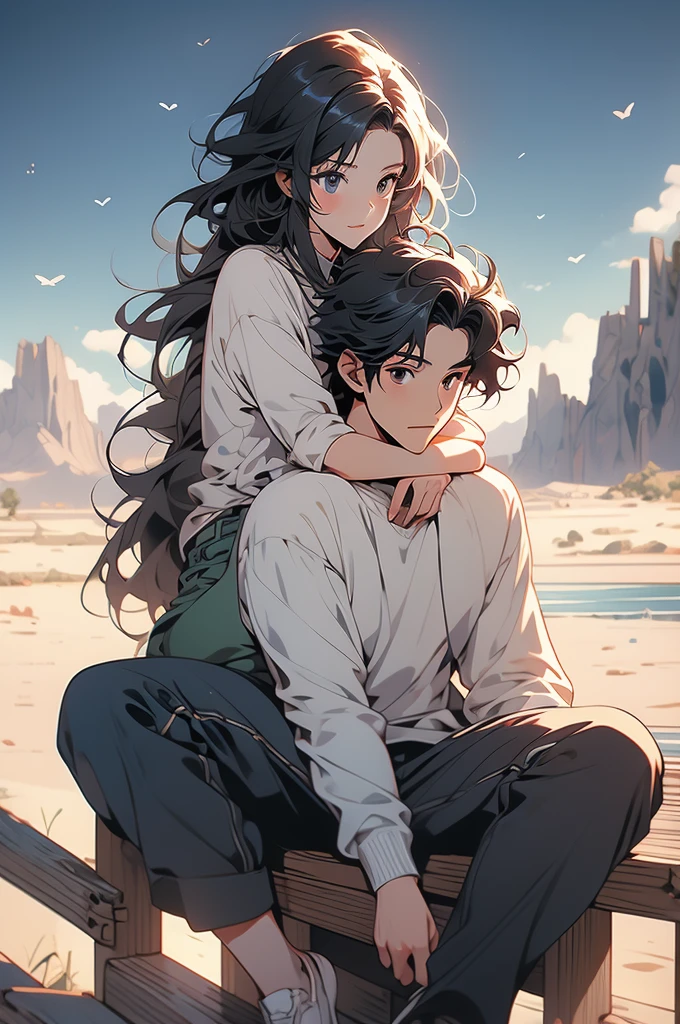 anime art with the word love underneath the woman sitting on her boyfriend's shoulder, 1girl, 1boy, black hair, mountain, pants
