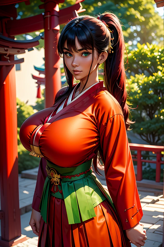 young asian woman , 18 years old, (crimson wavy hairs with side bang), long high ponytail, ((green miko clothes)), long sleeves, ((green hakama skirt)), huge fake breasts, deep v-cleavage, tanned skin, tan, long talisman on necklace, (blue sultry eyes), huge round fakebreasts