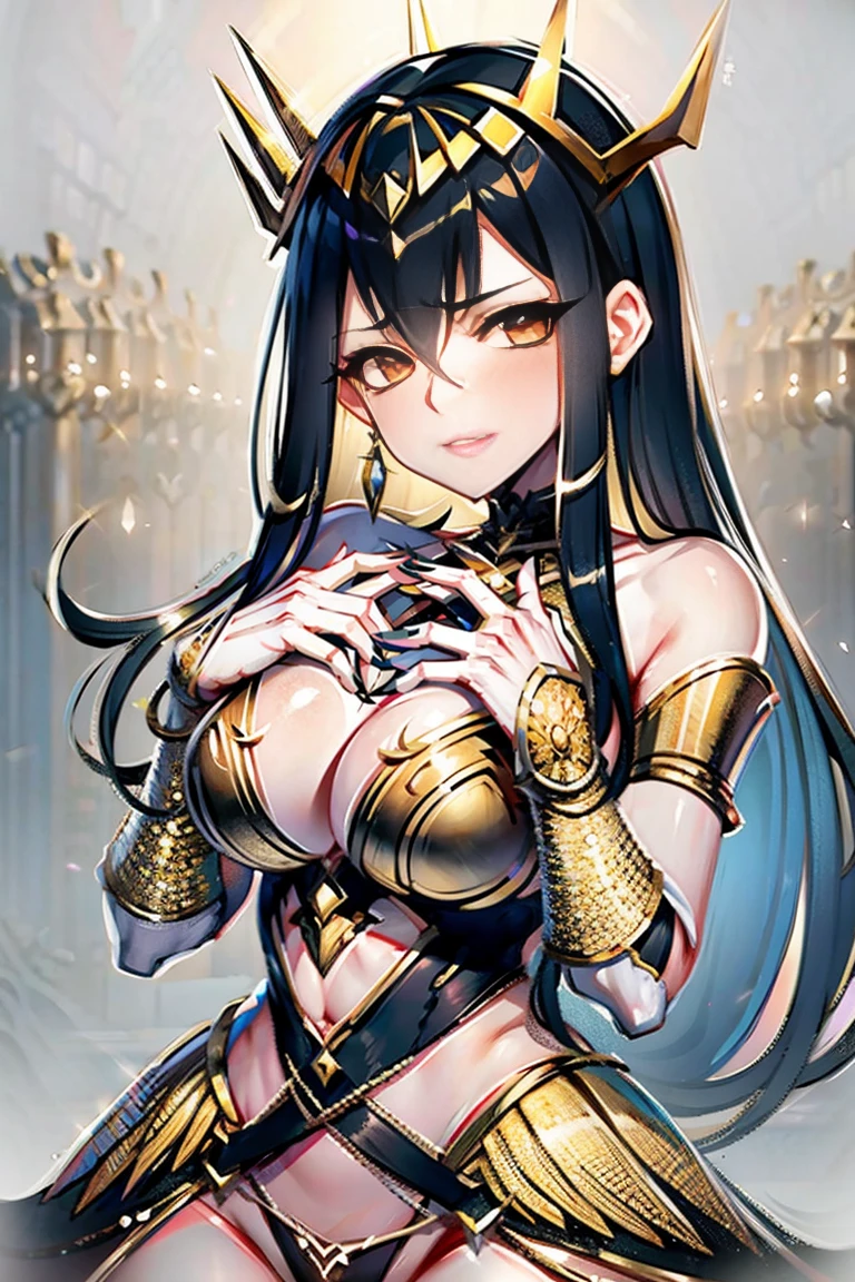 hand on own chest, hands up, black hair, bare shoulder, (((red eyes))), very long hair, cleavage, large breasts, dress, showgirl skirt, high-leg, cleavage cutout, tiara, bare thighs, gauntlets, bare shoulder, ((((((((((bare nails, bare fingers, bare hands, good hands, best hands, Correctly aligned fingers, extremely detailed hands and fingers, ultra detailed hands and fingers, super detailed hands and fingers, perfect female hands and fingers, biologically accurate hands and fingers, 4 fingers and 1thumb accurate hands and fingers, beautiful hands and fingers, hands and fingers drawing, human hand and fingers, perfect arrangement of fingers, detail focus hands, perfection hands, better hands)))))))))), adult face, fearless face, both arms, two arms, both hands, two hands, super fine illustration, masterpiece, masterwork, by famous artist, official art, ultra high res, best quality, high quality, Hand, detailed, perfect, perfection , hands, both hands is Thumb and index finger and middle finger and ring finger and little finger, symmetrical hands, even hands, panties,