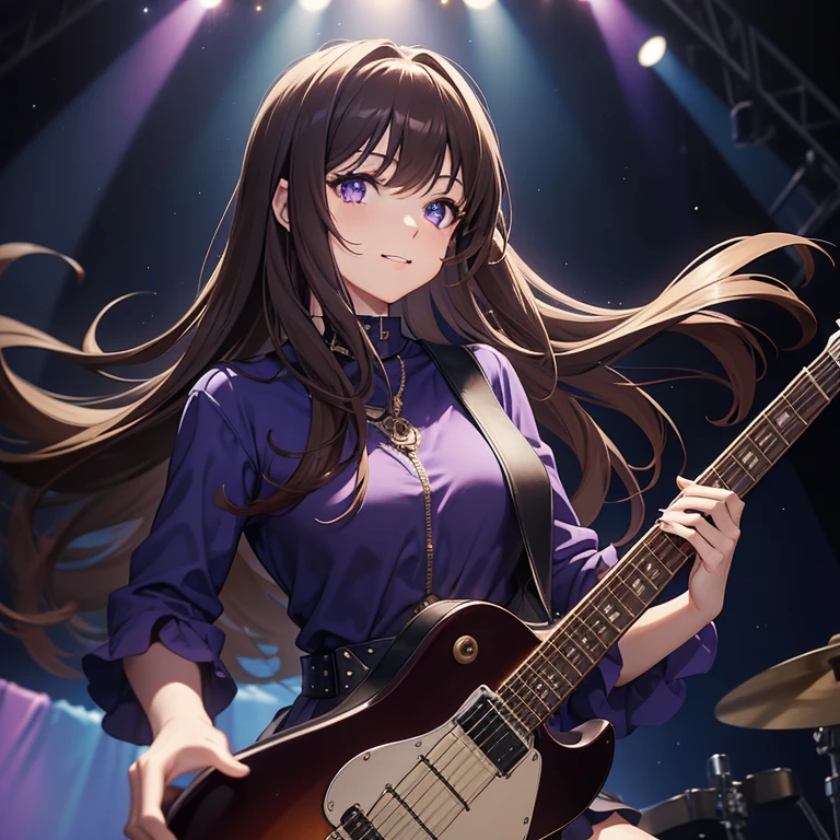 Masterpiece, best quality, high quality, 1girl, Solo, 21 years old, pretty face, has Long Brown hair, has Purple eyes, wears a rock band outfit clothes, playing on a Blue Rock guitar, has OneBlue Rock guitar on her hands, in the stage, happy expression, Dark in the room, colorfull Lamps lights