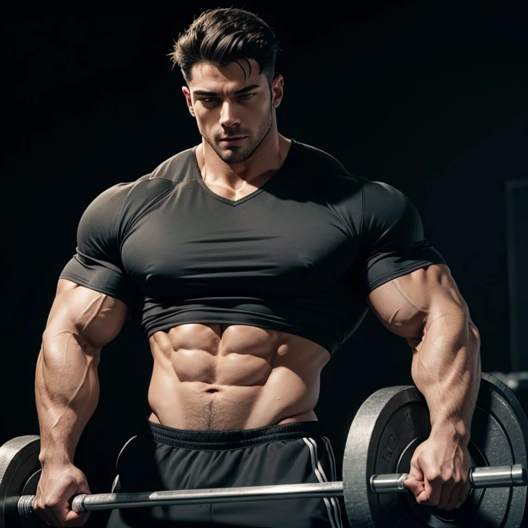 a young and very handsome man, gray shirt, extremely handsome, very muscular, with very large muscles, defined and muscular body, lifting weights in the gym, on a black background