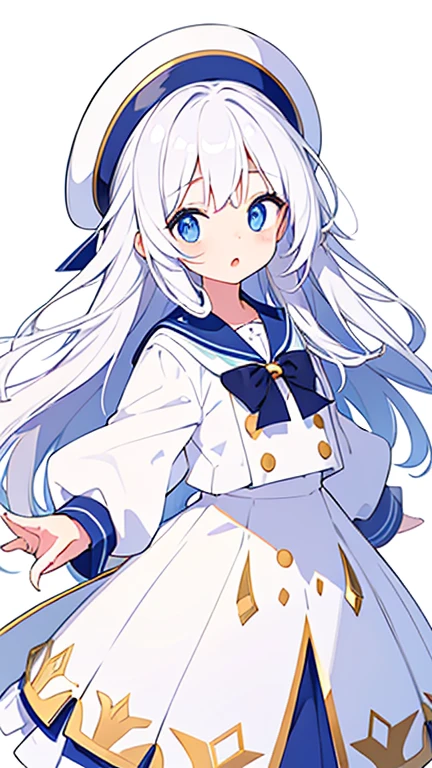 There is a gap on the top of the hat、Pure white background、Standing still、Mouth open、Hands at sides、White hat with gold decoration、Long white hair、Sailor&#39;White uniform