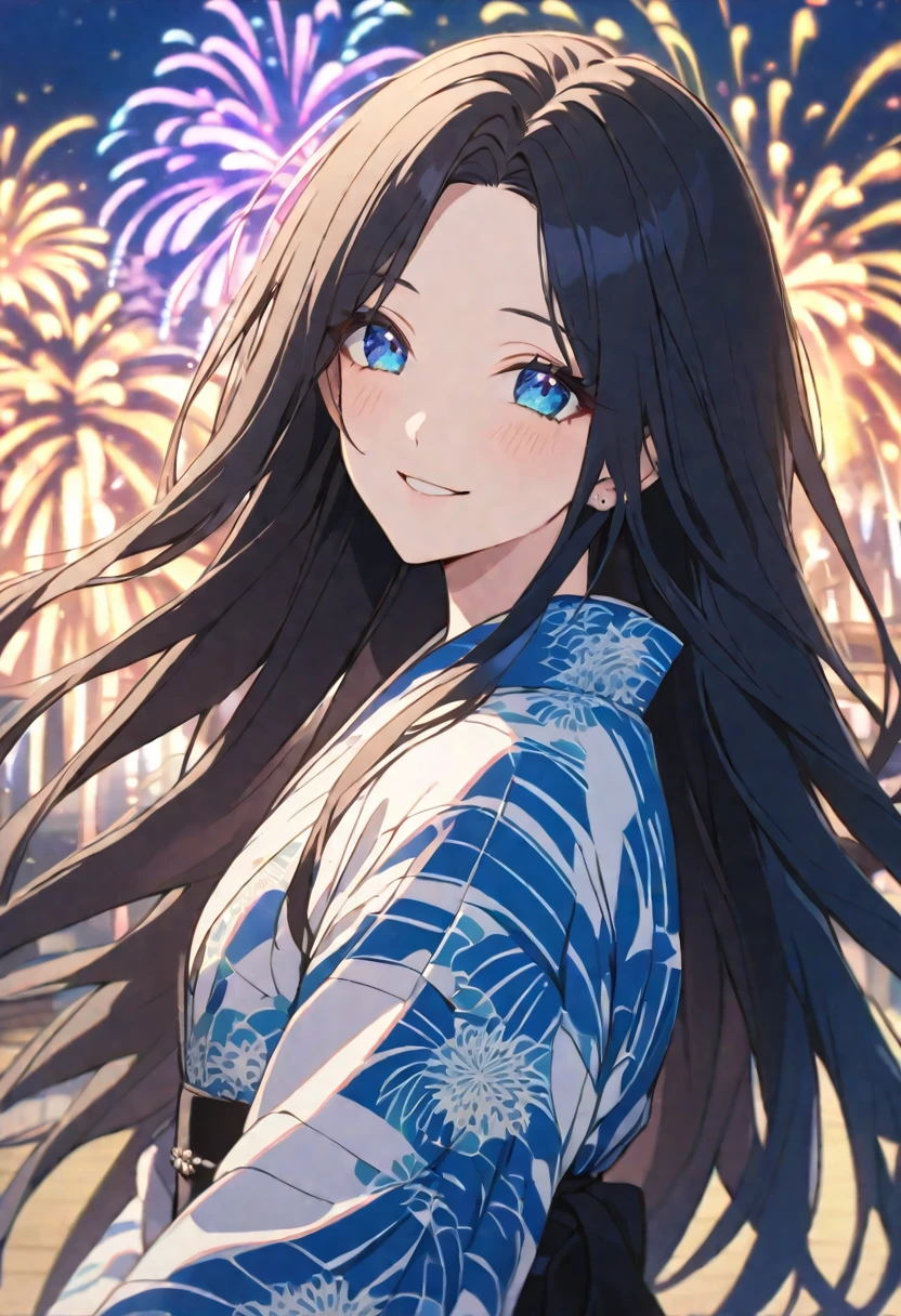 alone, good looking, 1. woman,Straight Long Hair,  Black Hair,Bright Blue Eyes,Soft impression,Lolita,young
,yukata,stylish,skin, Please close your eyes.,smile,Fireworks Smile, 