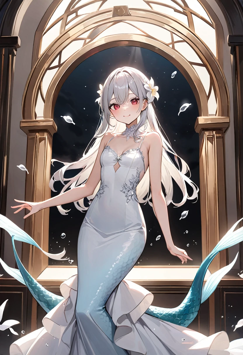 (masterpiece, top quality, very aesthetic, 4k、illustration), intricate detail, 1woman,、solo,contrapposto 、Strong glowing eyes、,(cowboy shot)、、(),beautiful face、from side、smile、straight hair、(red to white gradient hair)、,middle hair,sidelock ,レッド　eyes、white Summer MermaidDresses、small breasts、Slim 、dim