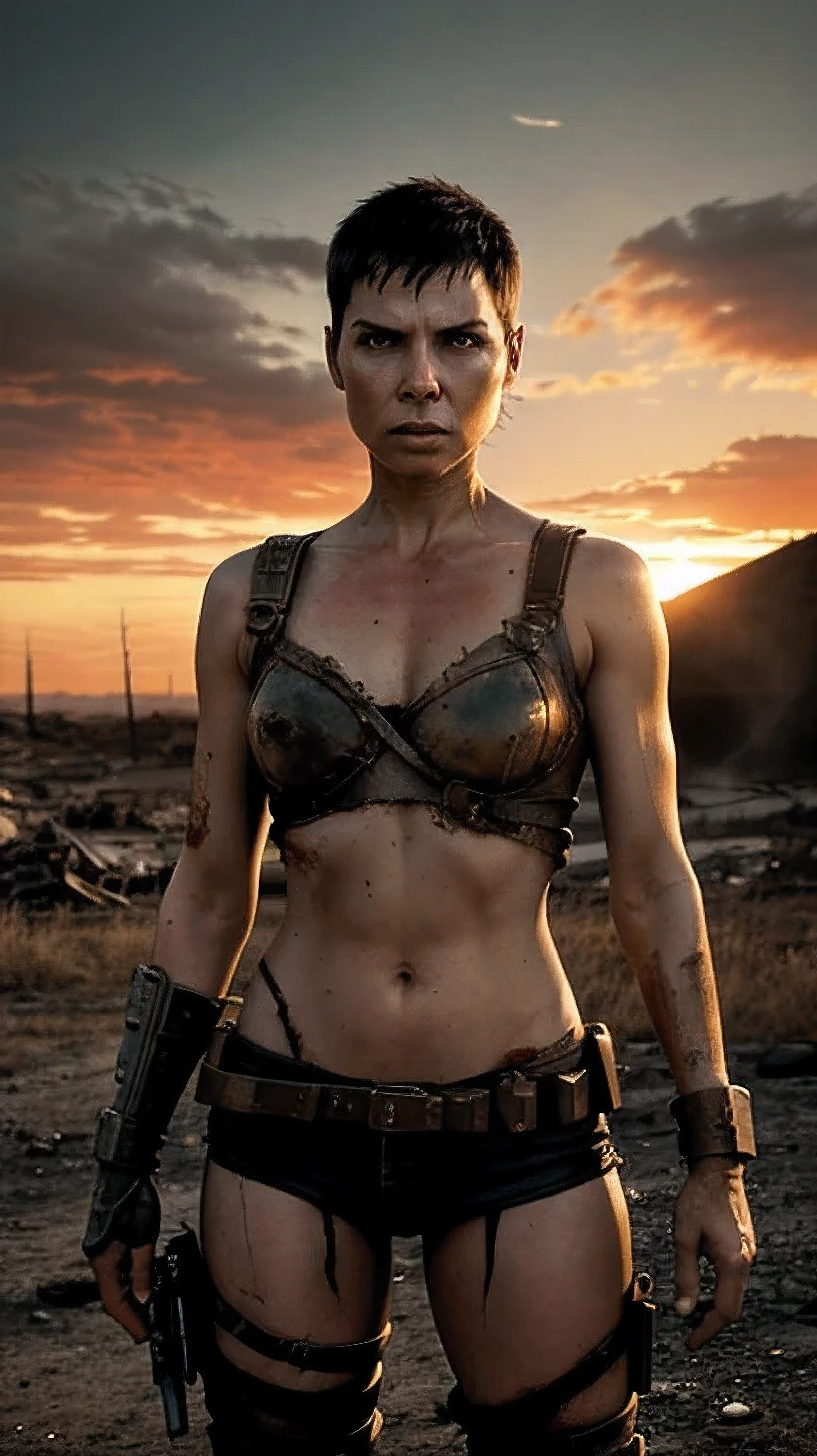 Naked mature female on a burning alien planet, photorealistic, highly detailed, dystopic