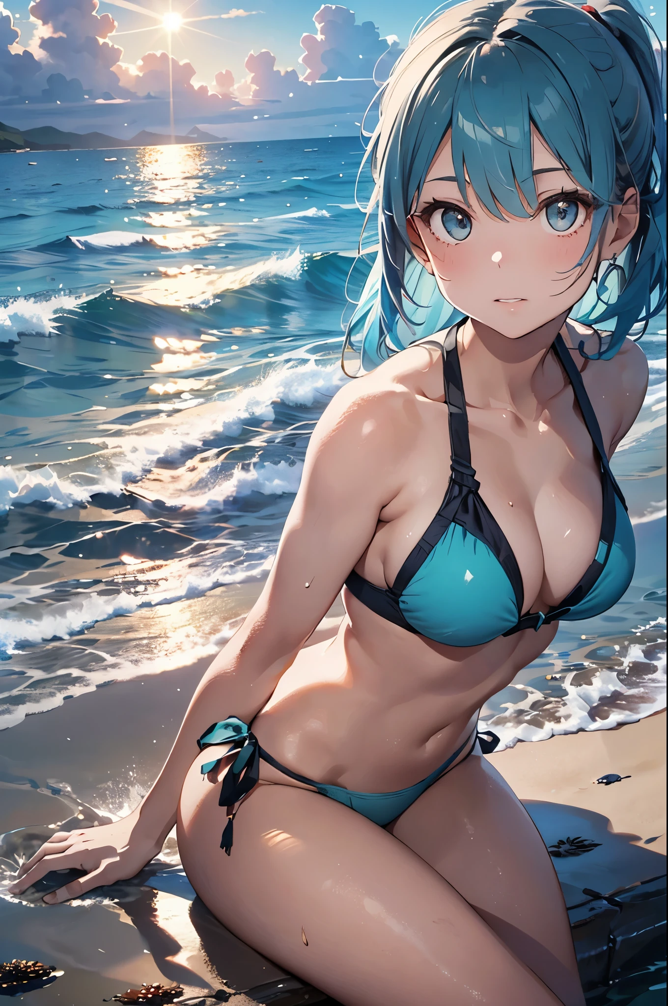 High resolution,
One beautiful young woman,Light blue hair、ponytail、
(Soft Saturation:1.3), (Fair skin:1.2),
(ultra-Detailed Background, Detailed Background), Bokeh,
break'Portrait of a smiling girl.,
When viewed from the front, The composition is symmetrical,
Looking straight at you with serious eyes,
break Swimwear, White Bikini, Center of chest,
Outdoor, Sea surface, null, sunlight,Summer beach, Sandy Beach,
Strong light, Front lighting,
(:1.3), (Cowboy Shot:1.2),
Front brake angle,
View your audience,
Dynamic pose,
sitting on the beach
Seaweed、Seaweed、Seaweed、Seaweed、Seaweed、Seaweed、Seaweed、