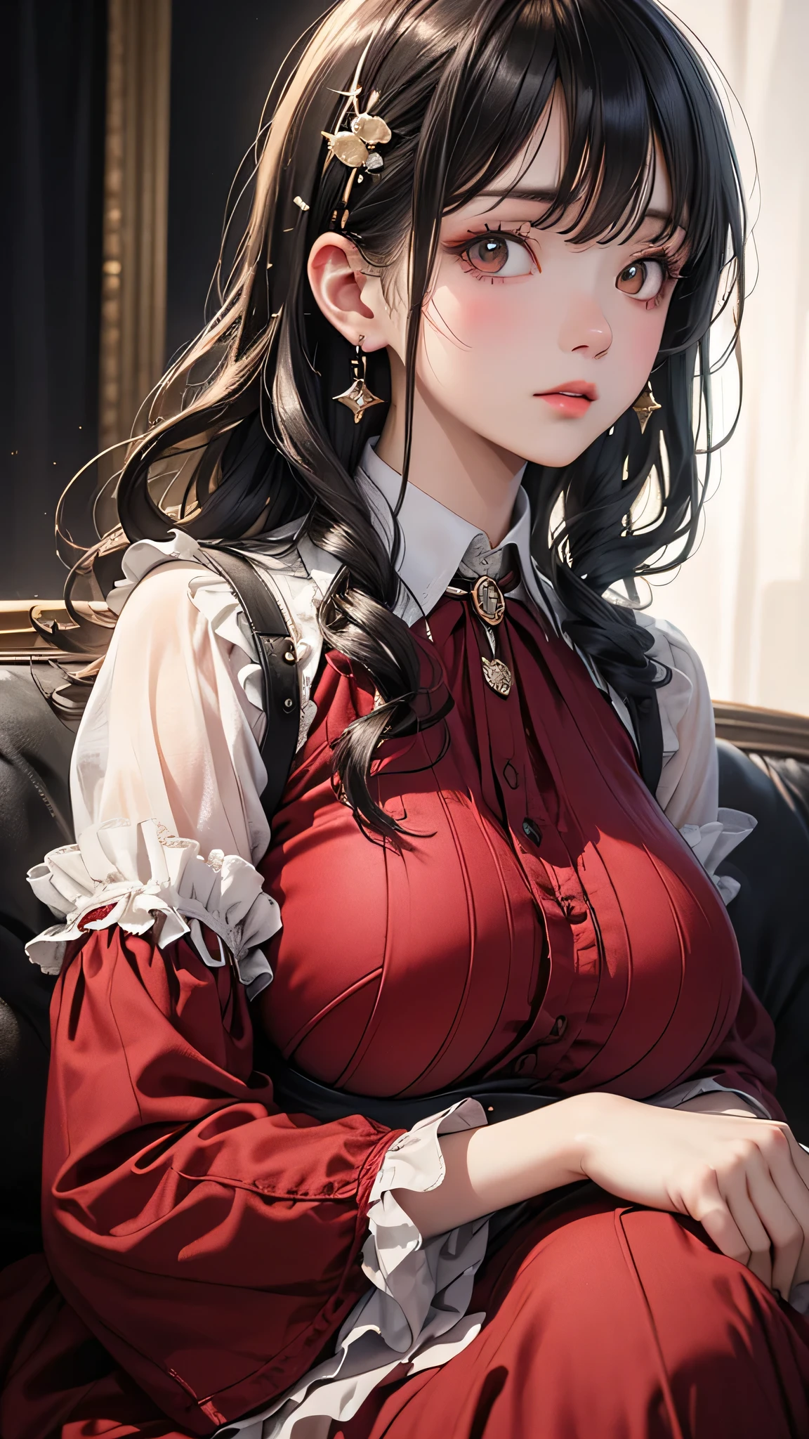bloom, Lens Reflection, (8k, to be born, Professional, Highest quality, masterpiece: 1.2), (Realistic, photoRealistic: 1.37), Very detailed, (Wide-angle 25mm portrait), (Most detailed skin: 1.2), Very detailed顔, Cinema Lighting, One Girl, Black curly hair, (the wind is strong), Standing on the couch, Dark Light, Looking into the camera, Big Breasts, black and red blouse