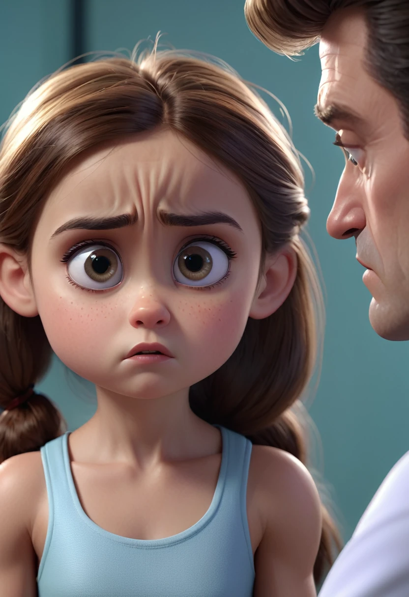 Girl consulting a doctor she's little muscular in figure her face is little sad and serious, conveying her sorrow to the doctor. Close up. High quality Pixar hyper realistic image. 4k