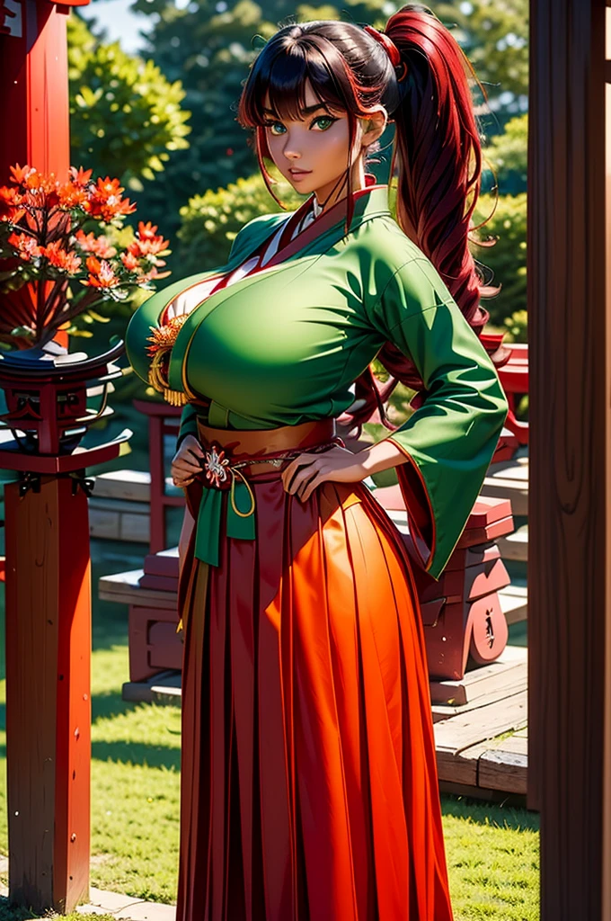 young asian woman teen, 18 years old, (crimson wavy hairs with side bang), long high ponytail, ((green miko clothes)), long sleeves, ((green hakama skirt)), huge round fakebreasts, deep v-cleavage, tanned skin, tan, long talisman on necklace, (blue sultry eyes)