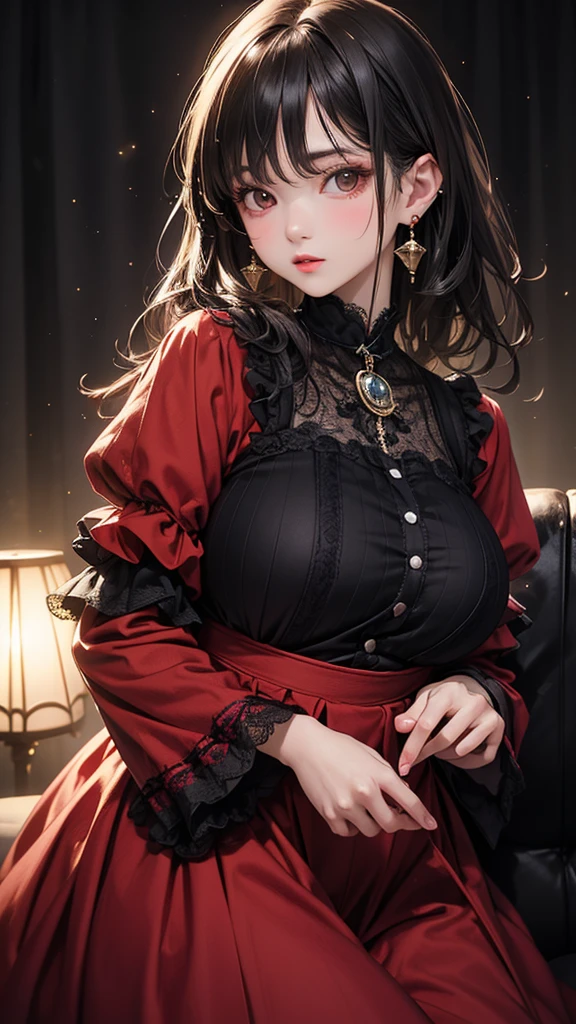 bloom, Lens Reflection, (8k, to be born, Professional, Highest quality, masterpiece: 1.2), (Realistic, photoRealistic: 1.37), Very detailed, (Wide-angle 25mm portrait), (Most detailed skin: 1.2), Very detailed顔, Cinema Lighting, One Girl, Black curly hair, (the wind is strong), Standing on the couch, Dark Light, Looking into the camera, Big Breasts, black and red blouse