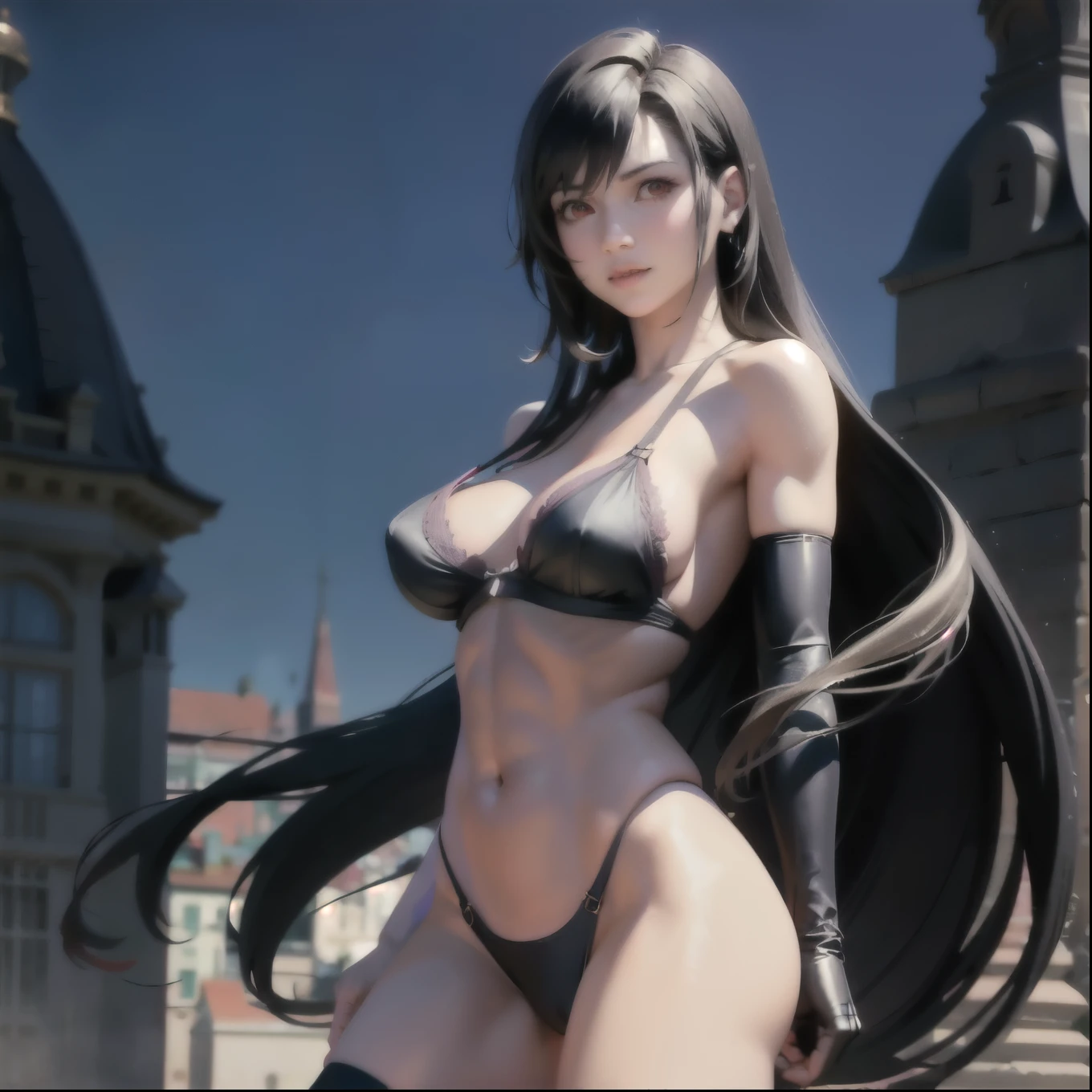 (8k, Highest quality, masterpiece:1.2), (Realistic, photo-Realistic:1.37), (whole body), Are standing, Spread your legs, (Wide Stance) Are standing contrapposto, Very detailed, 1 girl,cute, alone, (Tifa Lockhart), (Big Breasts), (beautiful detailed eye), (smile:1.2), (Mouth closed), Sharp focus, Depth of written boundary, Good composition, Final Fantasy VII, Black Hair, Very long straight hair, Hair bangs, ((red_eye)), Complex, Bokeh, (Tetsuya Nomura Style),  Perfect breasts, Purple lace bra, Purple T-back,Fat pubic area, Long gloves, stockings, garter, Beautiful body, 8 heads, Wide Hips, Narrow waist, Toned arms, Exposing the abdomen, View from the front