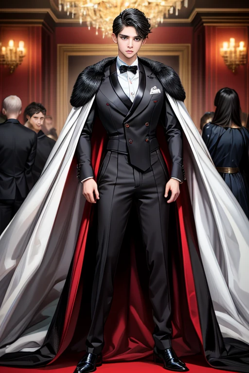 masterpiece, 最high quality, high quality, 1 boy, alone, Male focus, Watching the audience, Messy black hair, Adorable big blue eyes, White, Noble, Noble,A sexy, voluminous, puffy cape、tuxedo、A very voluminous, large, very large, very large, long, long red and black cape with a high stand-up collar, made of a lot of fabric that reaches down to the floor., ,Cute beautiful boys,Cute, cute, kind, handsome guy
