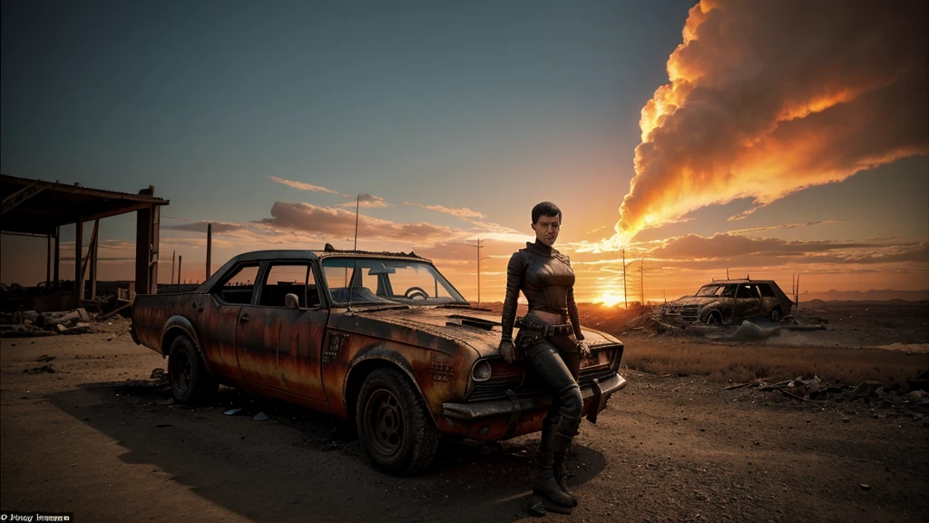 Create a cinematic thumbnail image for the movie 'Furiosa.' The scene should feature Furiosa in a powerful, action-packed pose, set against a post-apocalyptic wasteland with burning wreckage and a dramatic, fiery sunset. Use a bold, gritty color palette with high contrast to emphasize the intensity and raw energy of the film. Incorporate the movie title in a distressed, rugged font at the bottom."