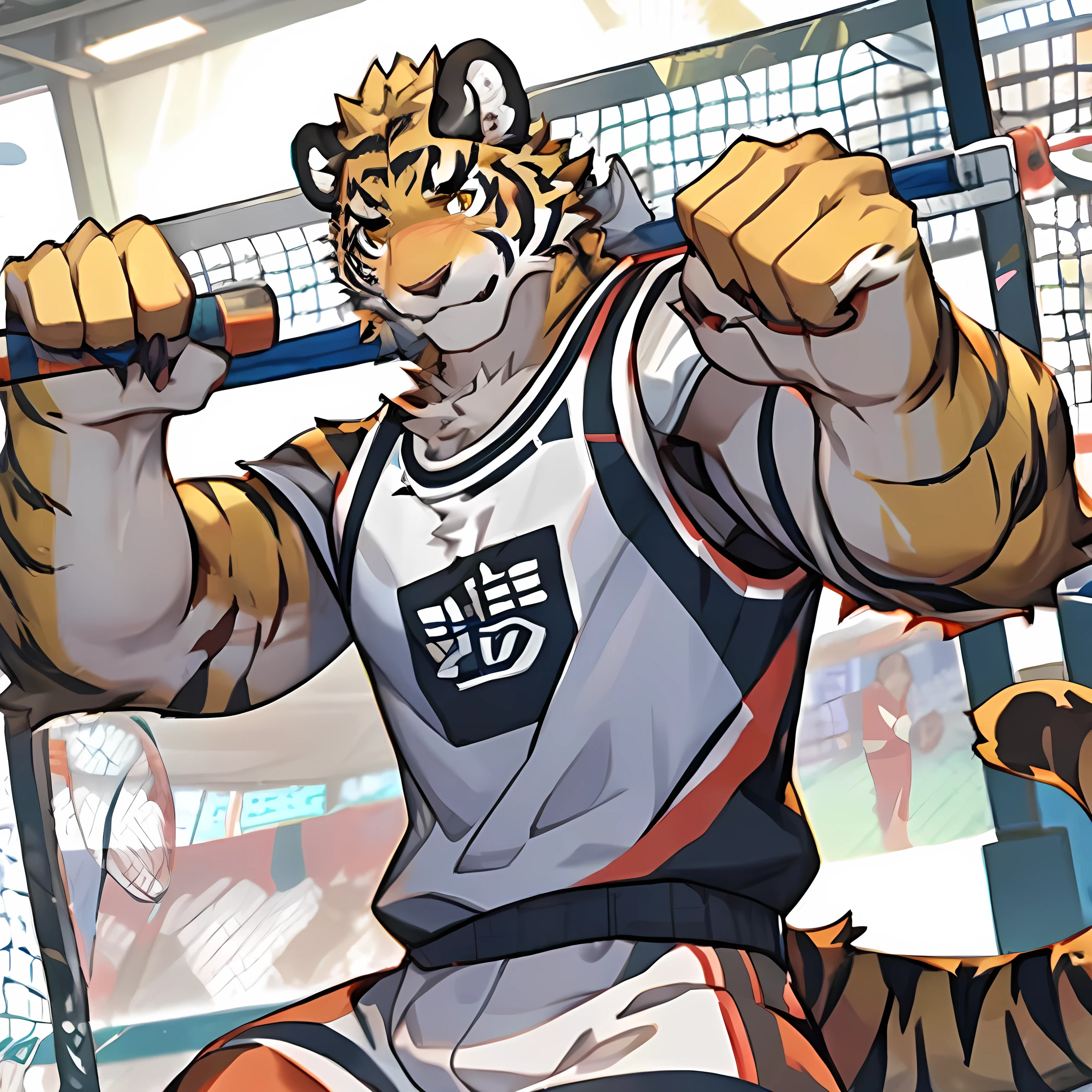 juvenile,Golden fur,blonde,Tiger,Golden Eyes,proudly,blush,Wearing a badminton uniform,Holding a badminton racket,Look at the screen,The background is a badminton court。(detail,Eyes detail)