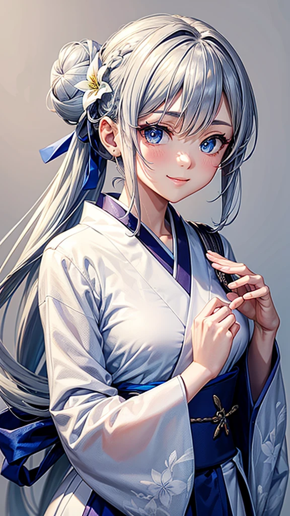 Anime character, half body only, upper body only, half body portrait, posing like a model, good looking, beautiful, full of details, aesthetic, hd, masterpiece art, amazing work. Solo, young girl, hair in bun, one bun, just one bun, flower accessories in bun, bluish gray colored hair, Lady, blue eyes, smile, elegant look, elegant carrying, white Japanese kimono, blue decoration, Lily flower theme, eyes facing camera, there are no hands to hinder the appearance, hands down, simple background.