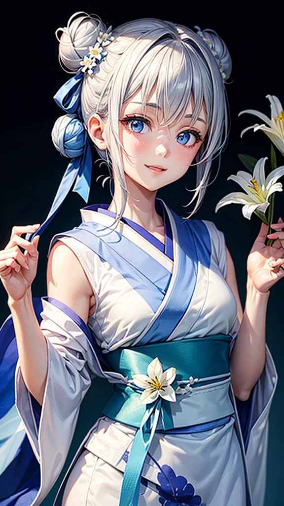 Anime character, half body only, upper body only, half body portrait, posing like a model, good looking, beautiful, full of details, aesthetic, hd, masterpiece art, amazing work. Solo, young girl, hair in bun, one bun, just one bun, flower accessories in bun, bluish gray colored hair, Lady, blue eyes, smile, elegant look, elegant carrying, white Japanese kimono, blue decoration, Lily flower theme, eyes facing camera, there are no hands to hinder the appearance, hands down, simple background.