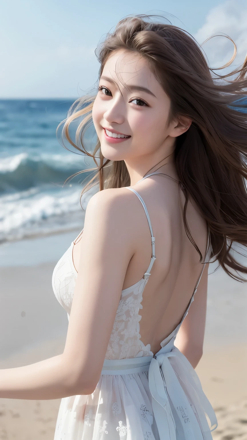 (RAW Photos, Highest quality), (Realistic, Photorealistic:1.3), masterpiece, Very delicate and beautiful, Soft Light, Beautiful detailed girl, (Detailed fingers), 1 girl, Japanese, Pure beauty, cute, young, smile, Beach, Hair moving in the wind, back