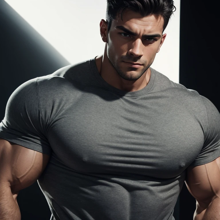 a young and very handsome man, gray shirt, extremely handsome, very muscular, with very large muscles, defined and muscular body, seen up close, on a black background with lighting