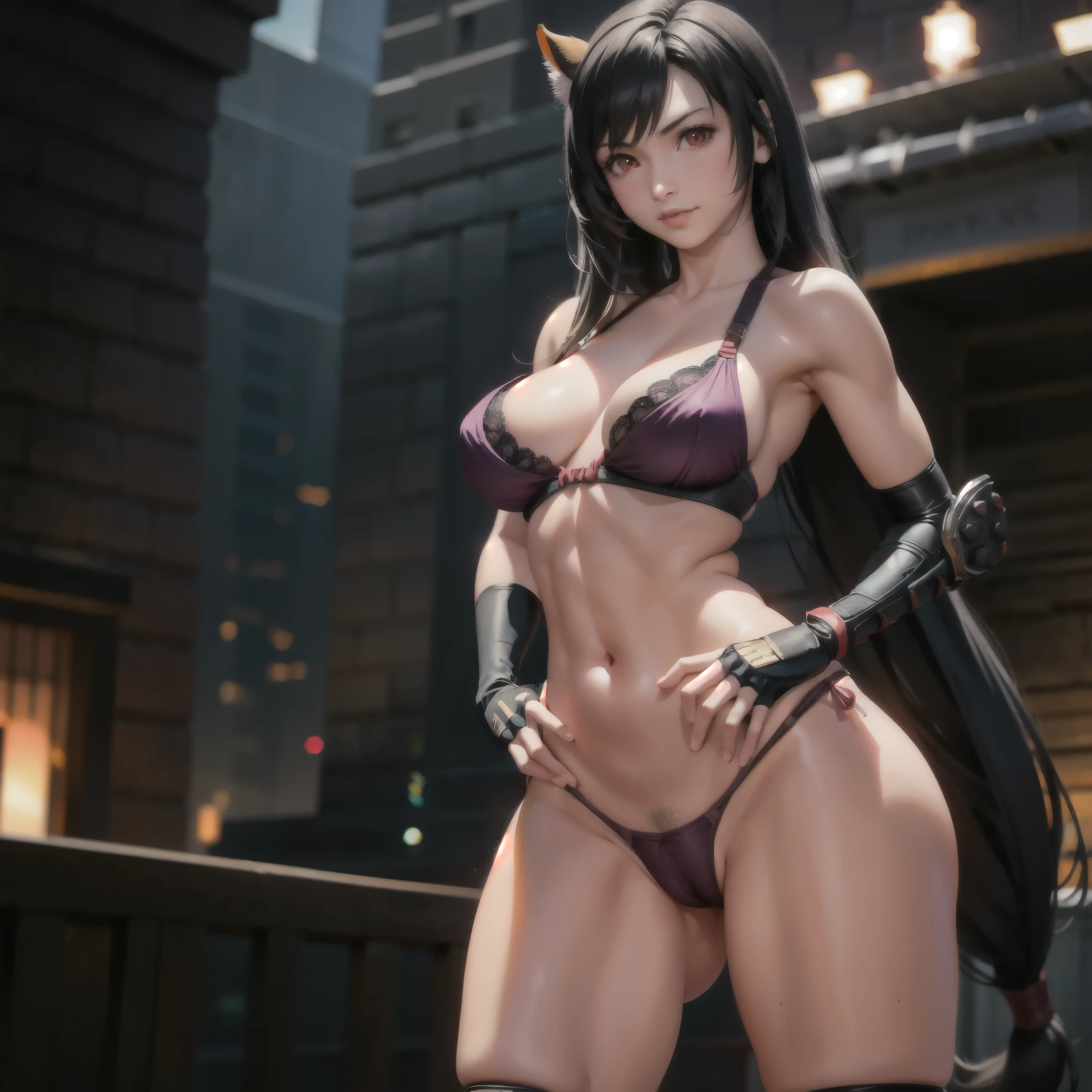 (8k, Highest quality, masterpiece:1.2), (Realistic, photo-Realistic:1.37), (whole body), Are standing, Spread your legs, (Wide Stance) Are standing contrapposto, Very detailed, 1 girl,cute, alone, (Tifa Lockhart), (Big Breasts), (beautiful detailed eye), (smile:1.2), (Mouth closed), Sharp focus, Depth of written boundary, Good composition, Final Fantasy VII, Black Hair, Very long straight hair, Hair bangs, ((red_eye)), Complex, Bokeh, (Tetsuya Nomura Style), Perfect breasts, Purple lace bra, Purple T-back, (Camel Toe:1.5) Fat pubic area, Long gloves, stockings, garter, Toned body, Sports competition, Wide Hips, Narrow waist, Toned arms, Exposing the abdomen, View from the front