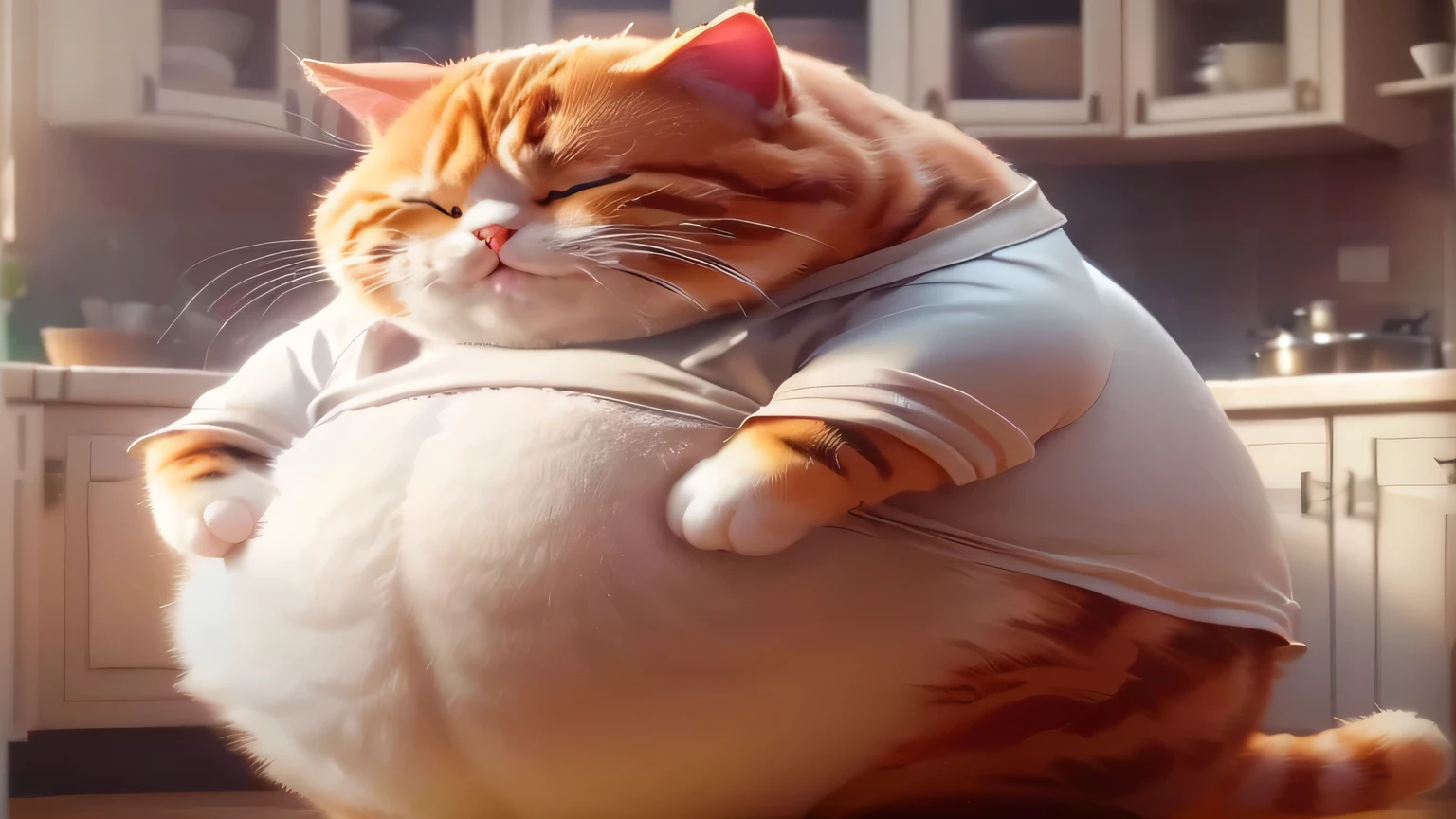 a cat sits on a ball in the kitchen, Chonker cat, fat cat superhero, fat cat, Garfield the cat, amazing computer graphics, hyperreal render, a Pixar rendering, ultrarealistic illustration, obesity ), Garfield, Thick, hyperrealistic render, hyperrealistic render, Ultra Realistic Illustration, anime image of a cute cat