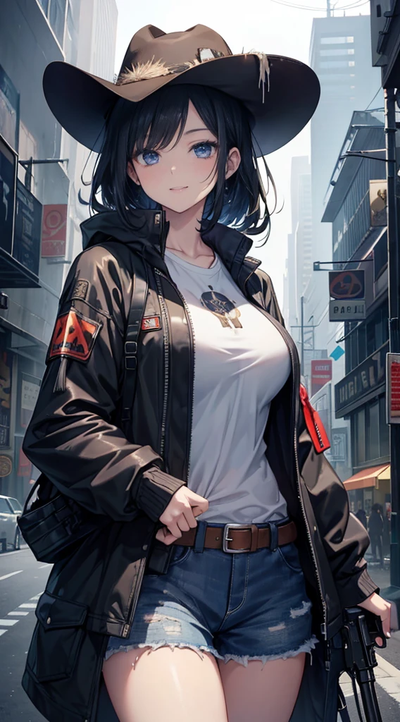 (Cowboy costume, Wear a jacket over a shirt) Create dystopian masterpieces. Western Theme, There is a sense of expectation, Beautiful woman, skinny, Large Breasts, Long black hair, Detailed face, smile, To the camera, Age 25、anime、Fantasy、One-handed gun、