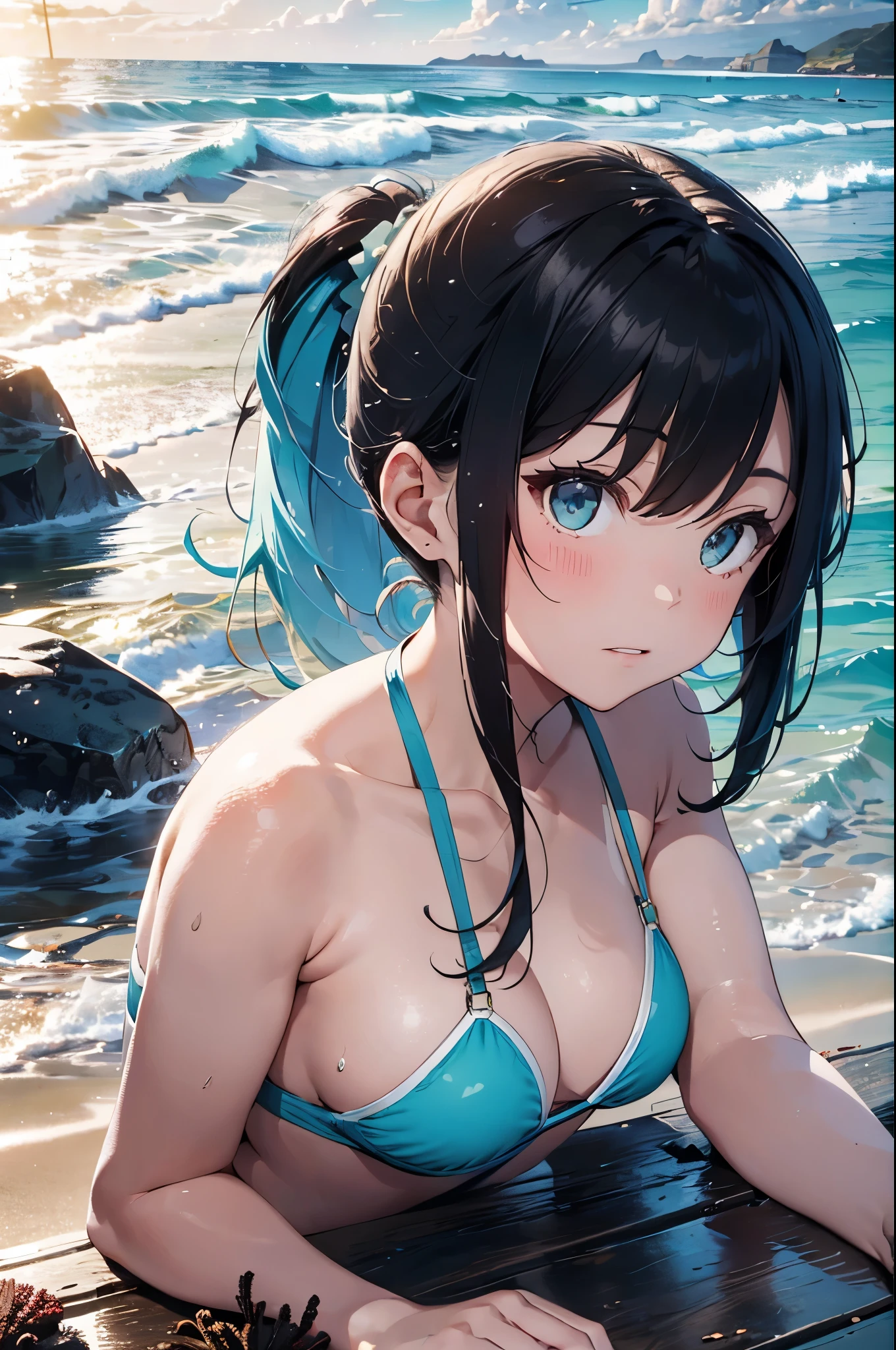 High resolution,
One beautiful young woman,Light blue hair、ponytail、
(Soft Saturation:1.3), (Fair skin:1.2),
(ultra-Detailed Background, Detailed Background), Bokeh,
break'Portrait of a smiling girl.,
When viewed from the front, The composition is symmetrical,
Looking straight at you with serious eyes,
break Swimwear, White Bikini, Center of chest,
Outdoor, Sea surface, null, sunlight,Summer beach, Sandy Beach,
Strong light, Front lighting,
(:1.3), (Cowboy Shot:1.2),
Front brake angle,
View your audience,
Dynamic pose,
sitting on the beach
Seaweed、Seaweed、Seaweed、Seaweed、Seaweed、Seaweed、Seaweed、