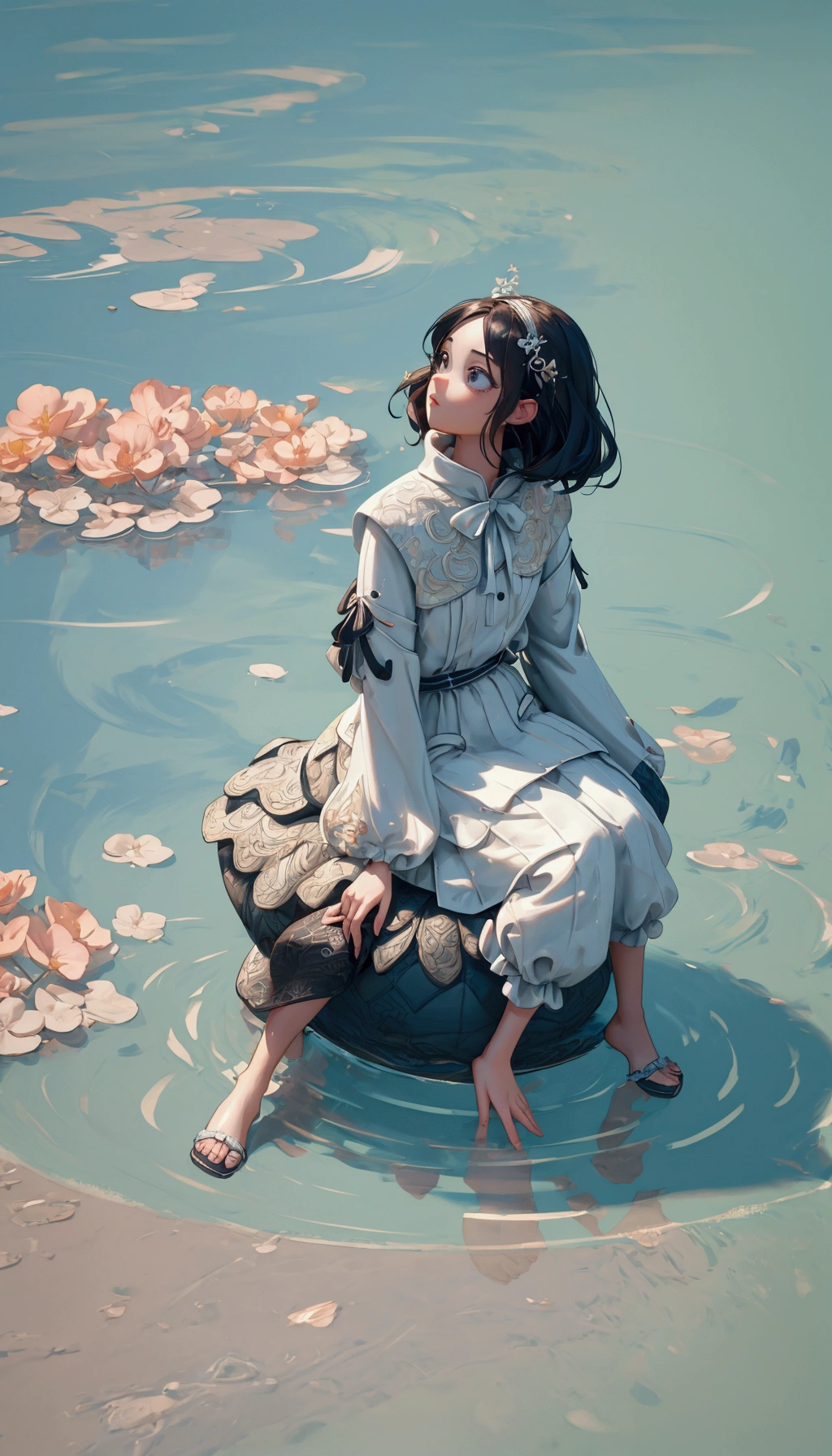 beautiful girl sitting on a water puddle with a speech bubble, stuck, 3 d illustration, 3d illustration, 2. 5 d illustration, trending on cgstation, 2 d illustration, 2d illustration, still capture, illustration!, 3 d illutration, no gradients, c 4 d ”, background artwork, best on adobe stock, 3 d cgi