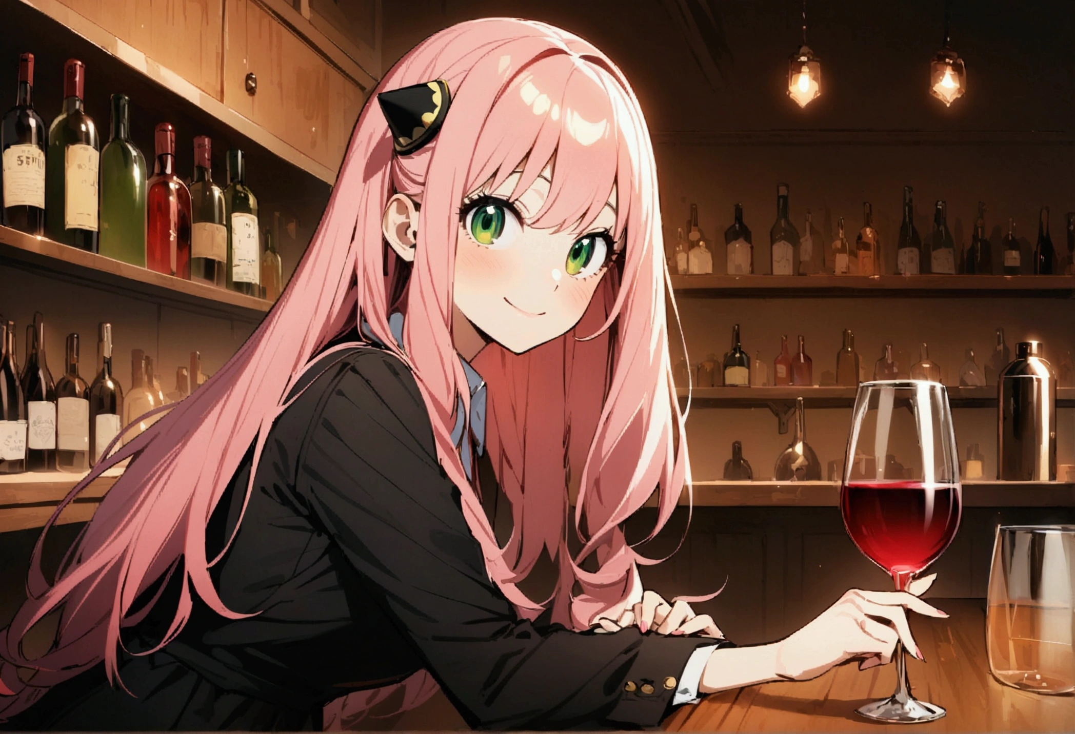 alone, One girl, Anya Forger/(Spy x Family/), masterpiece, Highest quality, so beautiful, slim, Pink Hair, Green Eyes, Long Hair, Black Dress, Collared shirt, smile, View your viewers, From the side, Sitting, wine glass, Have, machine, bar counter, hair ornaments,summary,Carboy Shot,From the side,so beautiful,masterpiece,Highest quality,Official Art,