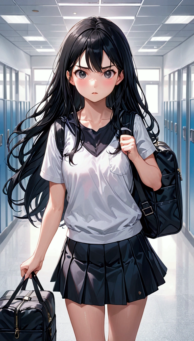 In school, a girl, front-facing, long black hair, black short skirt, duffel bag, Jumpy, abusive, super verbose, 4K
