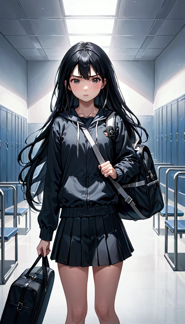 In school, a girl, front-facing, long black hair, black short skirt, duffel bag, Jumpy, abusive, super verbose, 4K