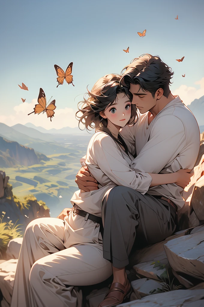 a man hugging another that is sitting on top of a rock in front of a mountain with a butterfly flying above, 1girl, 1boy, black hair, mountain, pants