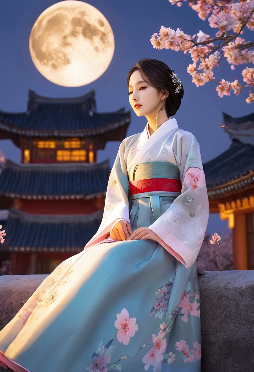 (Highest quality，masterpiece), Beautiful teenage girl, Beautiful Goddess, ((Period costume, Hanfu, One Shoulder)), Beautiful hair accessories, Blonde, night, Starry Sky, Cold Light, (pink, Cyan, White), ((From below)), ((Full Body Lesbian)), ((Realistic))