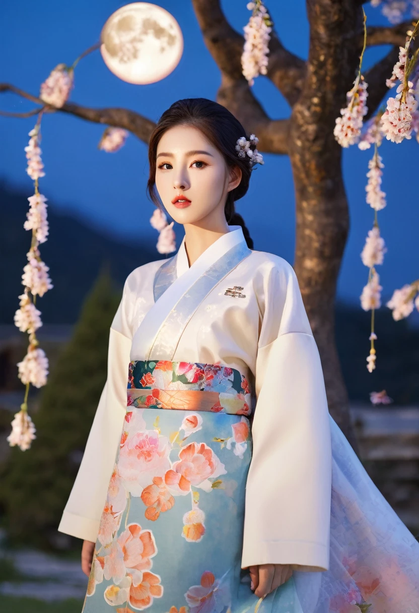 Highest quality, expensive_solve, clear_image, Detailed Background ,girl, Hanbok,flower,garden,moon, night,