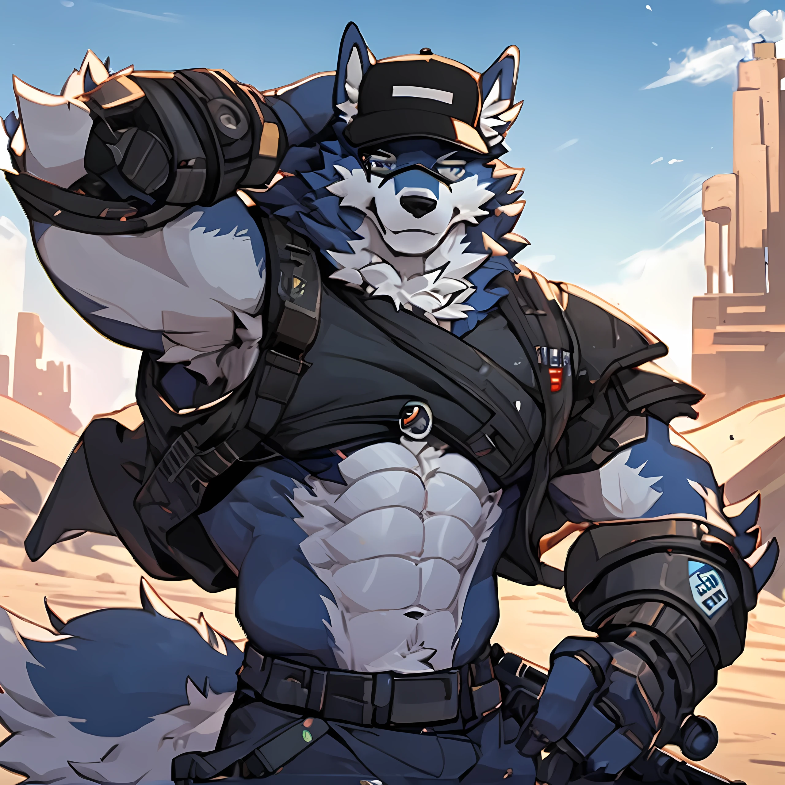 8k, Practical, High Detail, Very detailed, dog,(German Shepherd),Delicate eyes,Exquisite eyes,Extremely high detail,Wasteland Wind,Wasteland wind,High-tech sight,One hand is a robotic arm,Abs loom,Strong body,With a gun in hand,Facing the screen