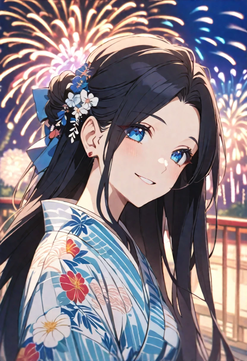 alone, good looking, 1. woman,Straight Long Hair,  Black Hair,Bright Blue Eyes,Soft impression,****ta,young
,yukata,stylish,skin, Please close your eyes.,smile,Fireworks Smile, 