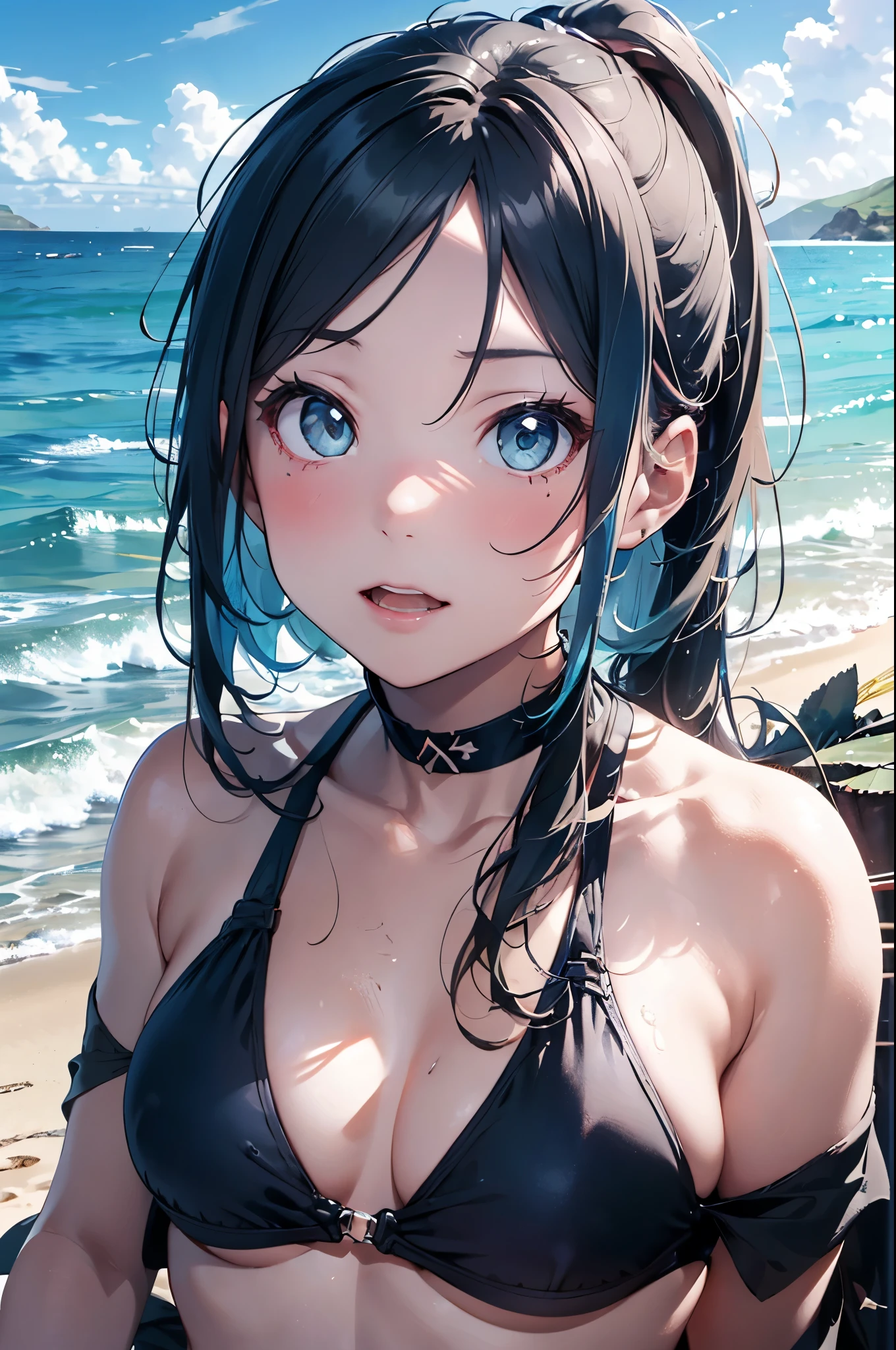 High resolution,
One beautiful young woman,Light blue hair、ponytail、
(Soft Saturation:1.3), (Fair skin:1.2),
(ultra-Detailed Background, Detailed Background), Bokeh,
break'Portrait of a smiling girl.,
When viewed from the front, The composition is symmetrical,
Looking straight at you with serious eyes,
break Swimwear, White Bikini, Center of chest,
Outdoor, Sea surface, null, sunlight,Summer beach, Sandy Beach,
Strong light, Front lighting,
(:1.3), (Cowboy Shot:1.2),
Front brake angle,
View your audience,
Dynamic pose,
sitting on the beach
Seaweed、Seaweed、Seaweed、Seaweed、Seaweed、Seaweed、Seaweed、