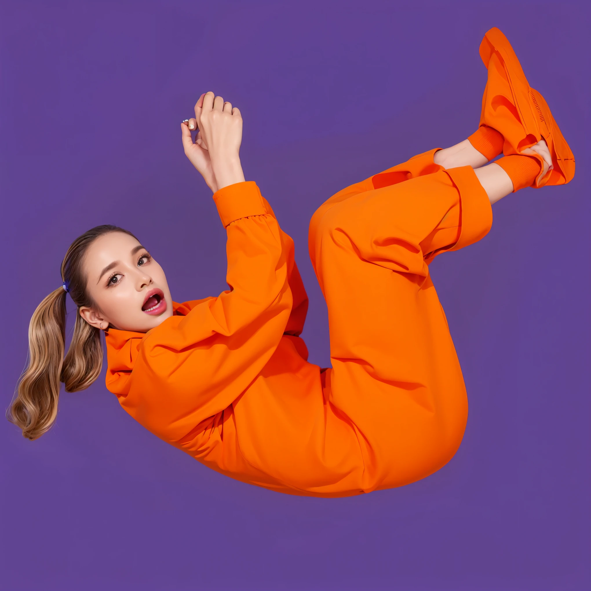 This dynamic image captures a woman in a striking pose, dressed entirely in vibrant orange. Her outfit, consisting of an orange jumpsuit and matching sneakers, pops against the deep purple background. The pose is unusual and animated, with her body curled up, hands clenched, and a facial expression that conveys shock or surprise. This theatrical setup, combined with her alarmed look, gives the image a sense of motion and an almost playful drama, as if she's in the middle of an energetic Create a hyper-realistic 4K image of a fantasy character with striking hair and sharp, wolf-like ears against a vibrant purple background. The character has intense, glowing eyes and wears dark lipstick, enhancing her mystical allure. Her hair flows wildly around her face, adding to her fierce appearance. She wears a modern dark blouse with a prominent white collar, giving her a stylish yet intimidating look. The overall tone should capture a strong contrast between her dark features and the bright background, emphasizing her bold personaand a touch of whimsy. 3d model, multiple light sources, rim light, sharp post broken glass magic ball of turquoise color with fragments lying nearby frame above from above on a white background effects render, (glossy plastic texture with multiple big light probe refractions), perfect cgi, smooth silhouette, high intensity refraction, (super glossy plastic material), most beautiful vfx, , realistic, 4k, high resolution, rim light, smooth 3d model, multiple light sources, rim light, sharp post effects render,, realistic, 4k, high resolution, rim light detailed digital art, reflective, best quality, 4k, masterpiece:1.2, ultra-detailed, realistic, vivid colors, The image of the highest quality, ensuring every detail showcased perfectly. It in 4k resolution, allowing viewers to immerse themselves in the richness of the colors and intricate details. The realistic rendering. under the spotlight, reflecting, high-resolution image, realistic rendering