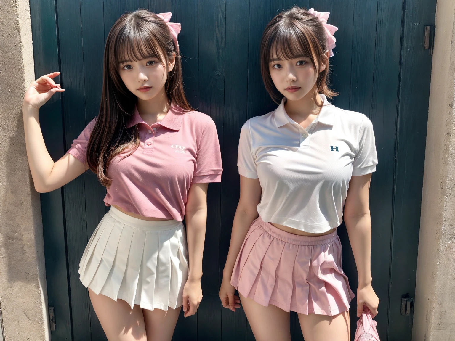 masterpiece, best quality, illustration, Super detailed, fine details, High resolution, 8K,wall paper, perfect dynamic composition,(Details High quality, realistic depiction of eyes:1.3), (2 girls), BREAK (white theme:1.4), (tucked-out short sleeve white polo shirt:1.4), (pink lines on tops outline:1.3), (pure white pleated mini skirt:1.3), (hem of top covers top half of skirt:1.3), (pink fluffy scrunchie on wrist:1.3), (white and pink sports shoes:1.2), short bob hair, (large breasts:1.2), plumpy body, black hair color, Big Natural Color Lip, (perfect body shape), crying a little、Harajuku style、20 year old girl、cute type、beautiful legs, Gravure Idol