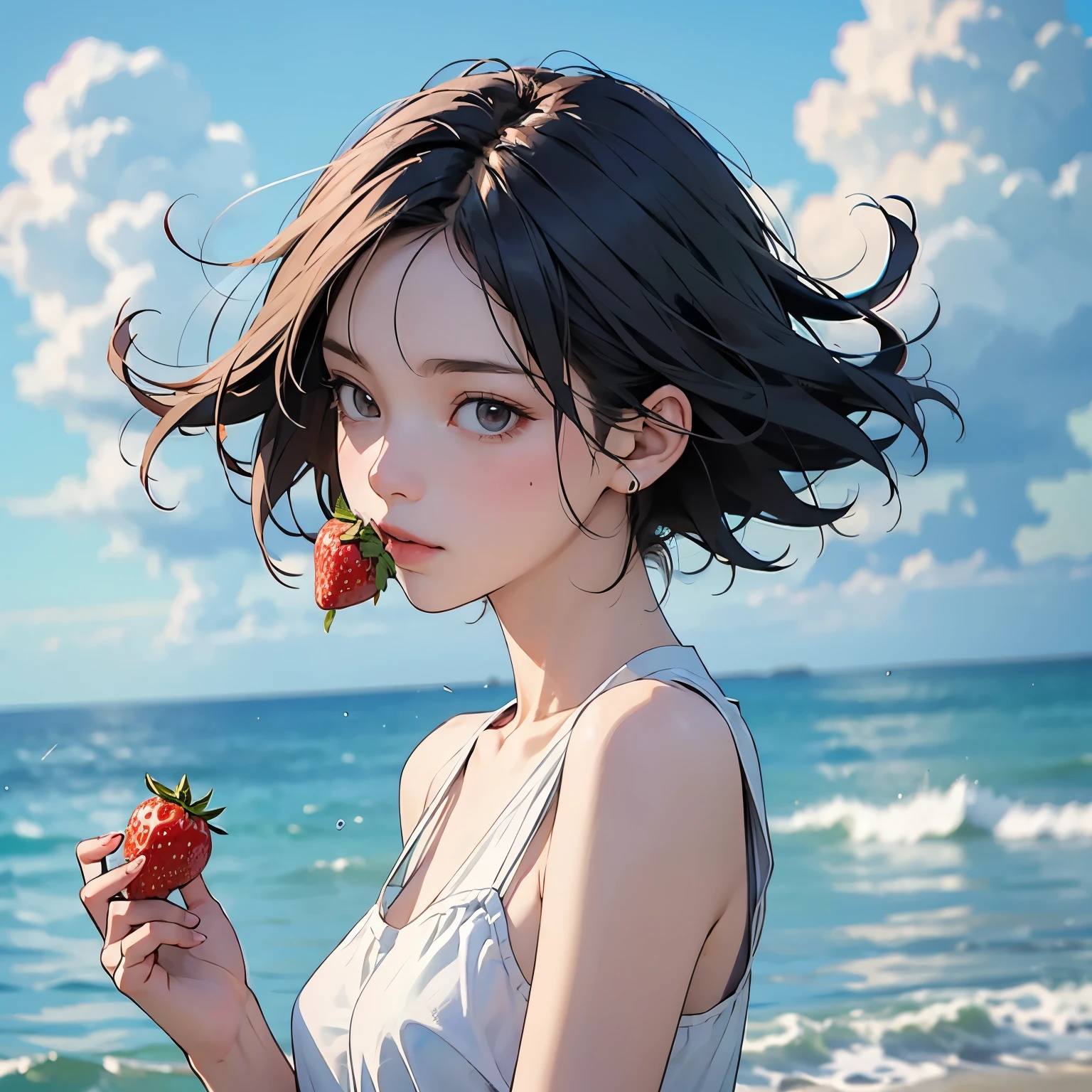 Summer seaside scene photo、One girl, alone、(Pick up a single red strawberry in your hand and bring it close to your mouth:1.4)、17 years old、Beautiful Face、Short Hair、Blowing in the Wind、Wearing a white sleeveless mini dress、Frolic with the waves、Blue sky and white clouds、Beautiful sea、Photorealism、Detailed Description、Artistic photography、(Highest quality, masterpiece, High resolution)、4K、wallpaper、