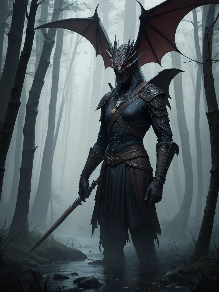 arafed dragon with large wings standing in a forest by a stream, dark fantasy concept art, dark fantasy artwork, dark fantasy art, in style of dark fantasy art, dark fantasy style art, 4k fantasy art, photorealistic dark concept art, dark fantasy horror art, the witcher concept art, dark fantasy illustration, dark cinematic concept art, epic fantasy artwork