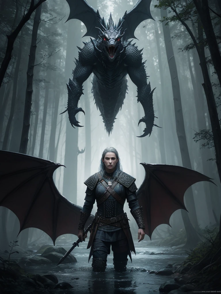 arafed dragon with large wings standing in a forest by a stream, dark fantasy concept art, dark fantasy artwork, dark fantasy art, in style of dark fantasy art, dark fantasy style art, 4k fantasy art, photorealistic dark concept art, dark fantasy horror art, the witcher concept art, dark fantasy illustration, dark cinematic concept art, epic fantasy artwork