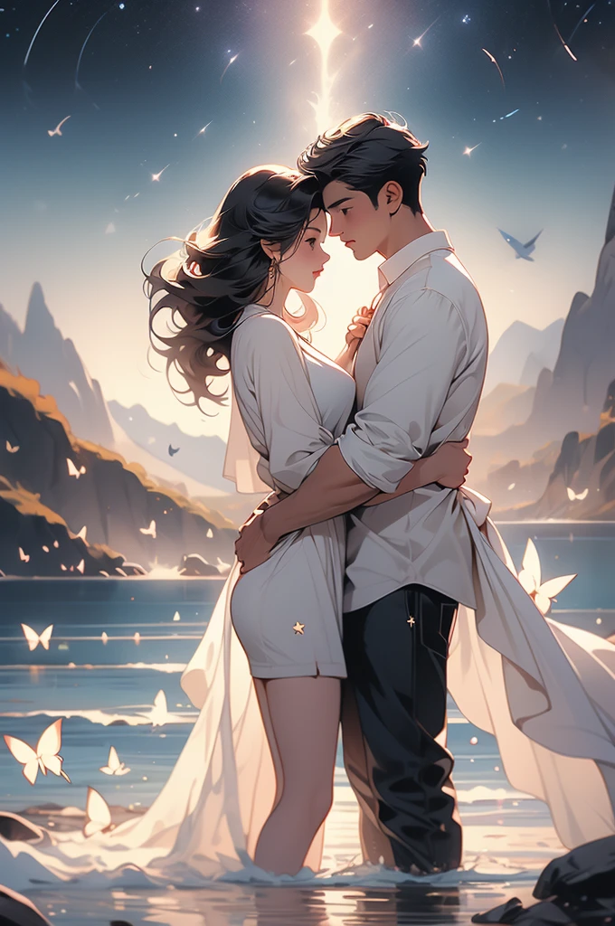 an art that shows a couple with butterfly's and stars is being used to depict a young couple, 1girl, 1boy, black hair, mountain, pants